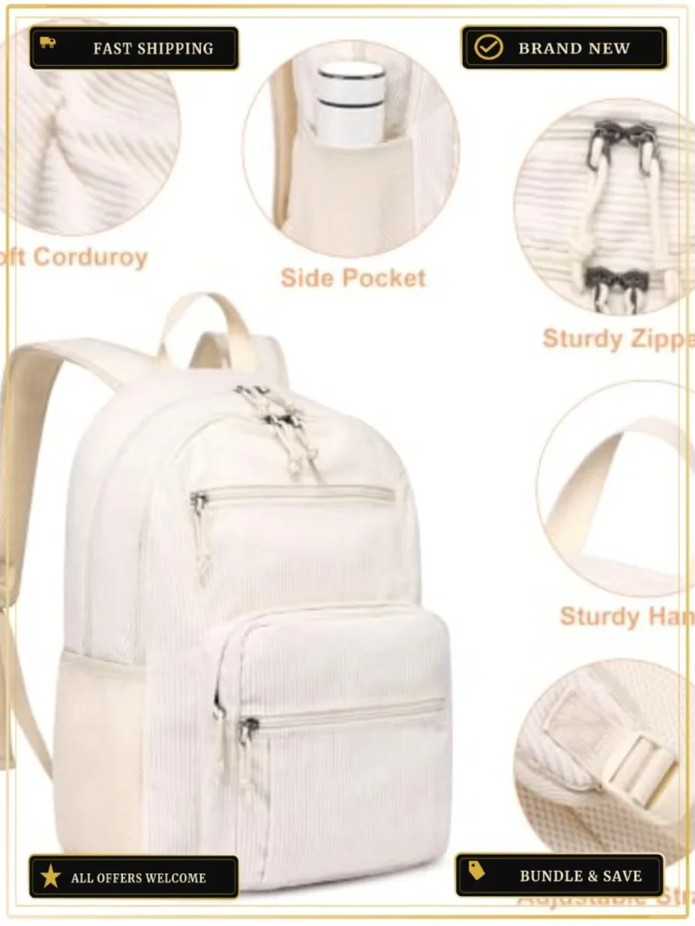 Corduroy School Backpack for Girls Boys, Cute Student Bookbag with Pockets